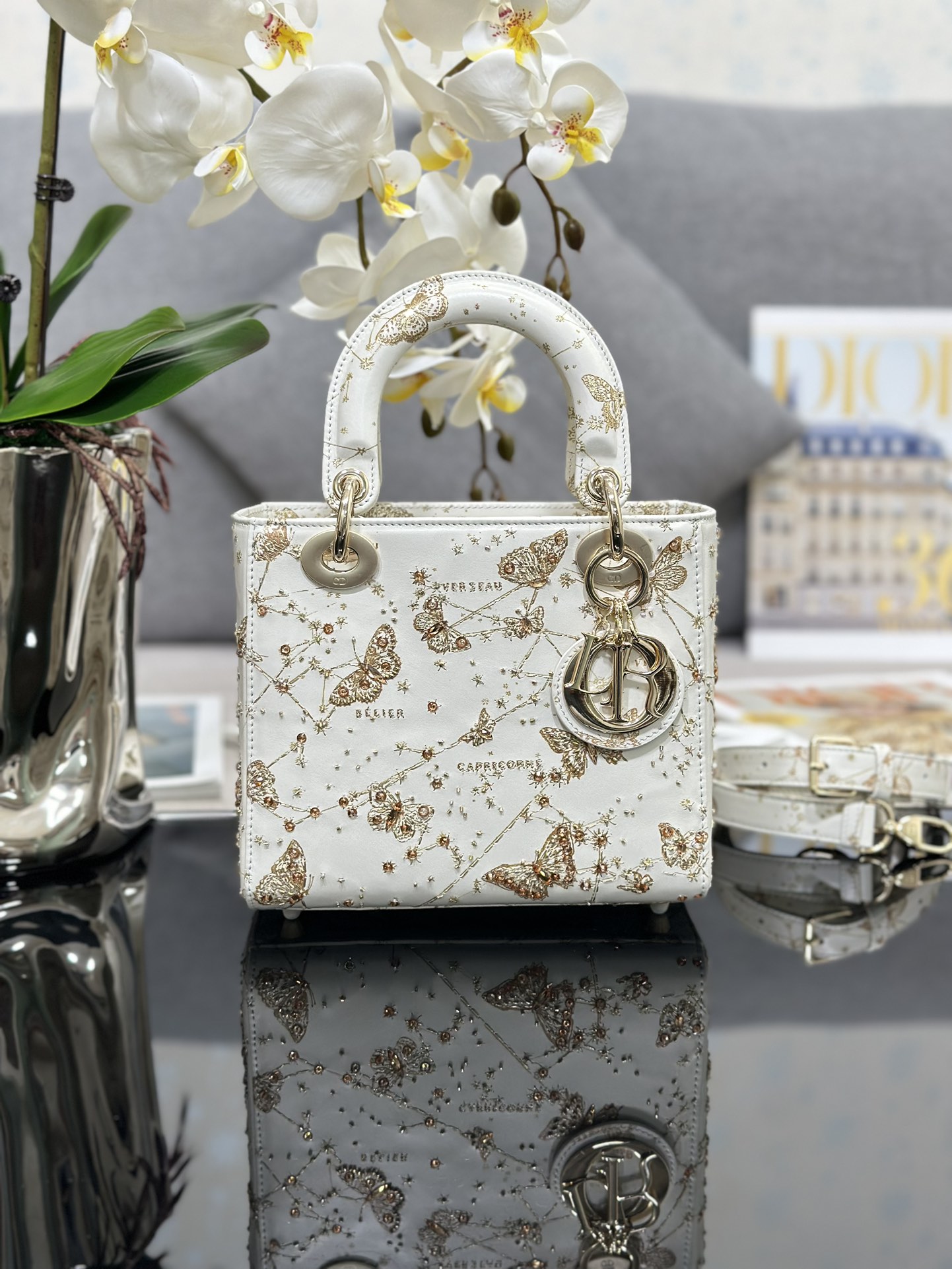 Small Lady Dior Bag White Calfskin with Butterfly String Beads